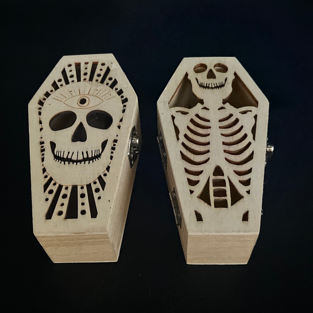 Wood Coffin Trinket Boxes LED Color Changing Skull Skeleton Halloween Decor 2pc - Picture 5 of 11